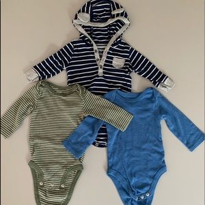 3 LS Tees onesies-1 W/ hoodie & button neck- 3 mos